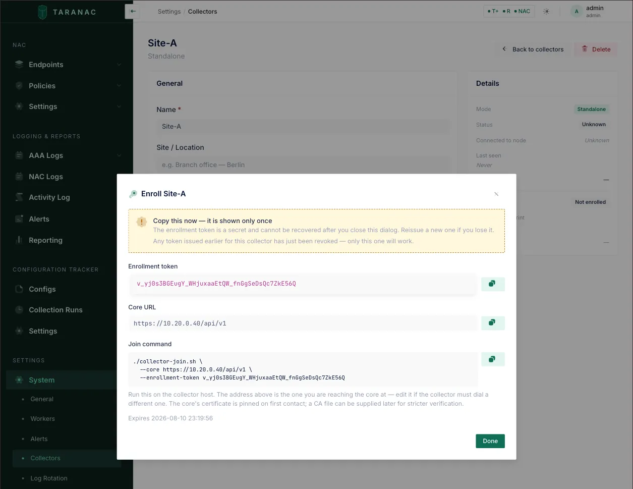 The enroll result showing the token, the core URL and the ready-to-paste join command