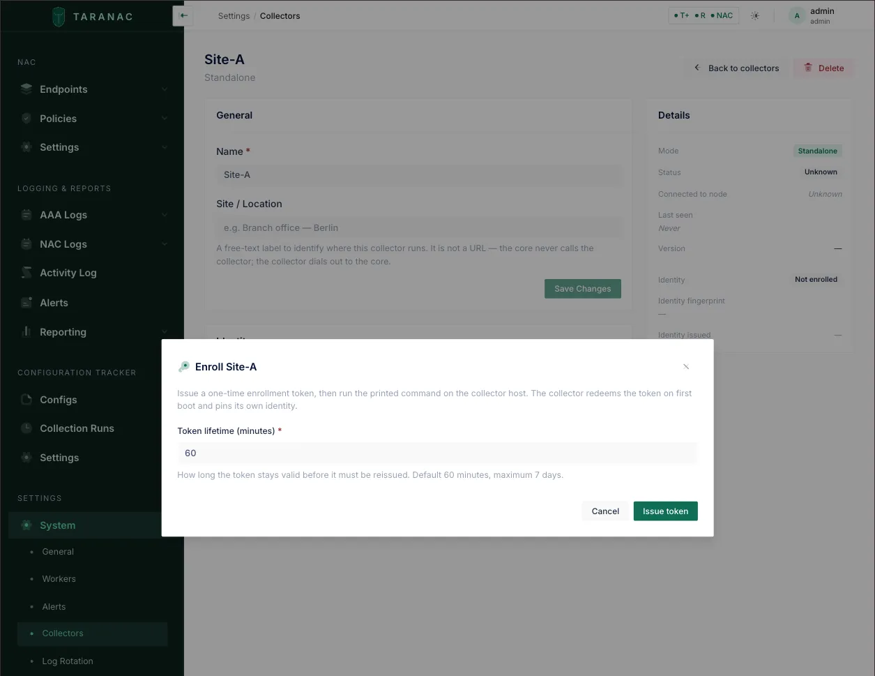 The Enroll dialog asking for a token lifetime in minutes