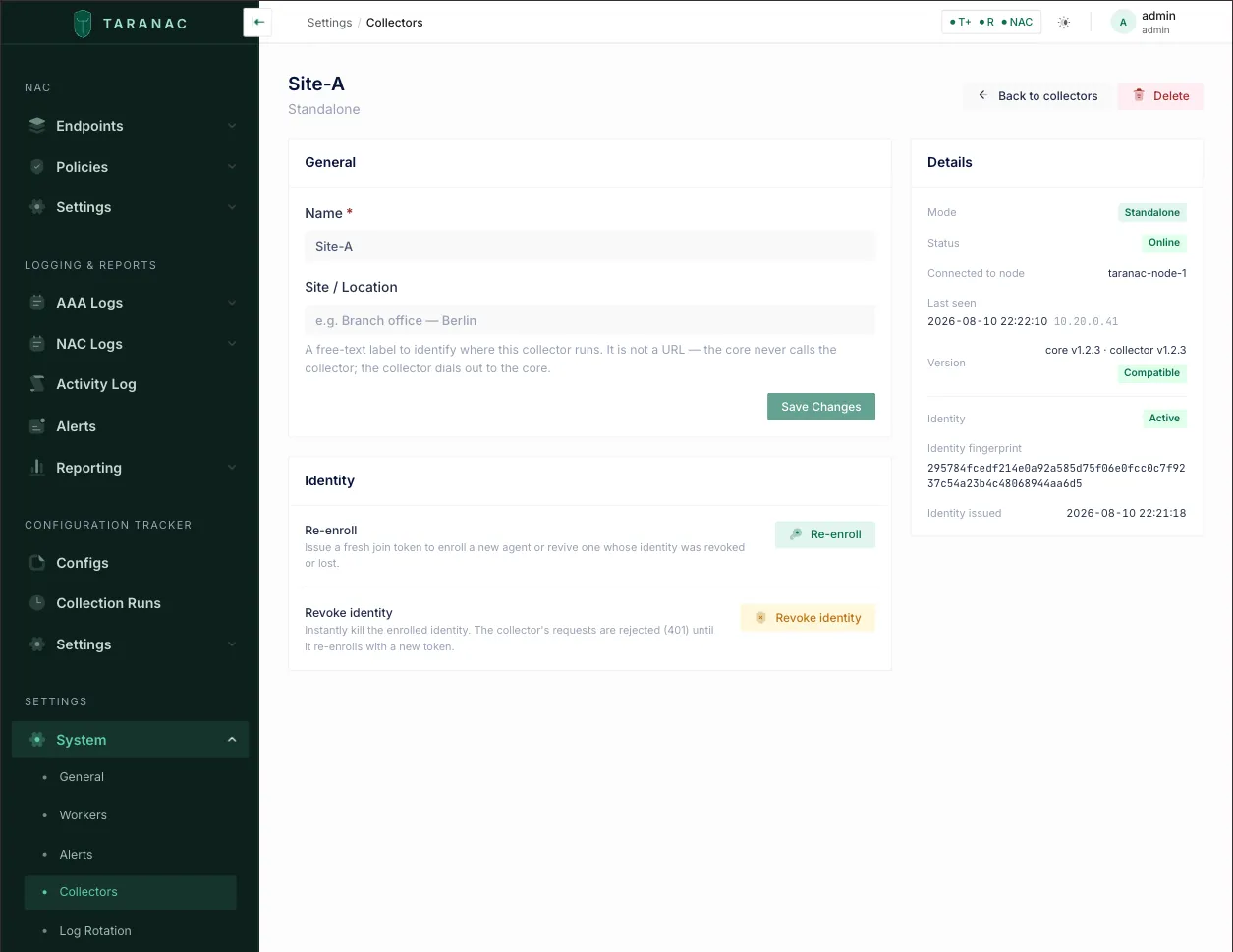 The collector's detail page after enrollment: Online, connected node, versions compatible, identity active