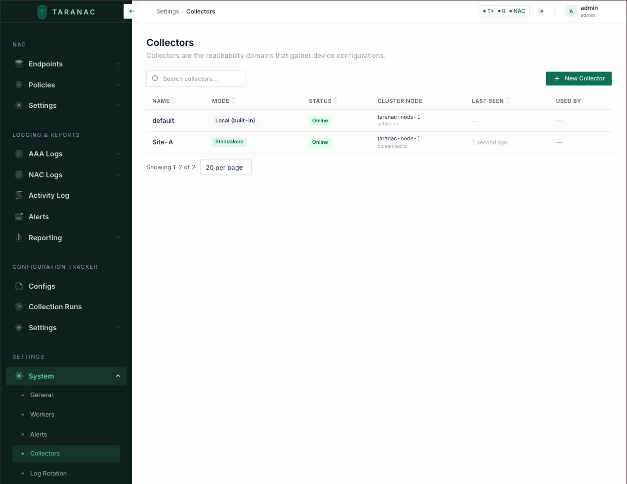 The Collectors list in the Taranac admin UI