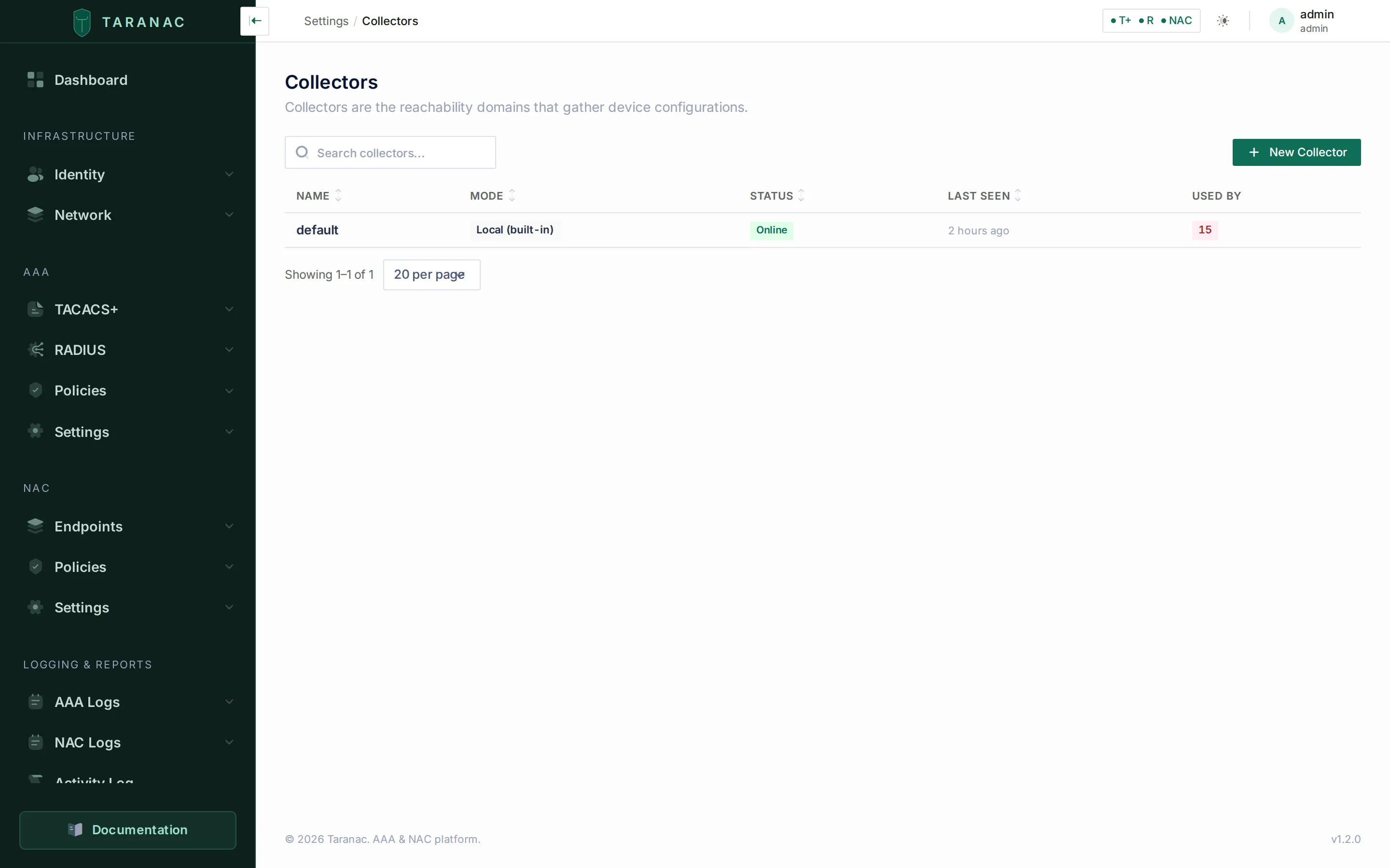 The Collectors list in the Taranac admin UI