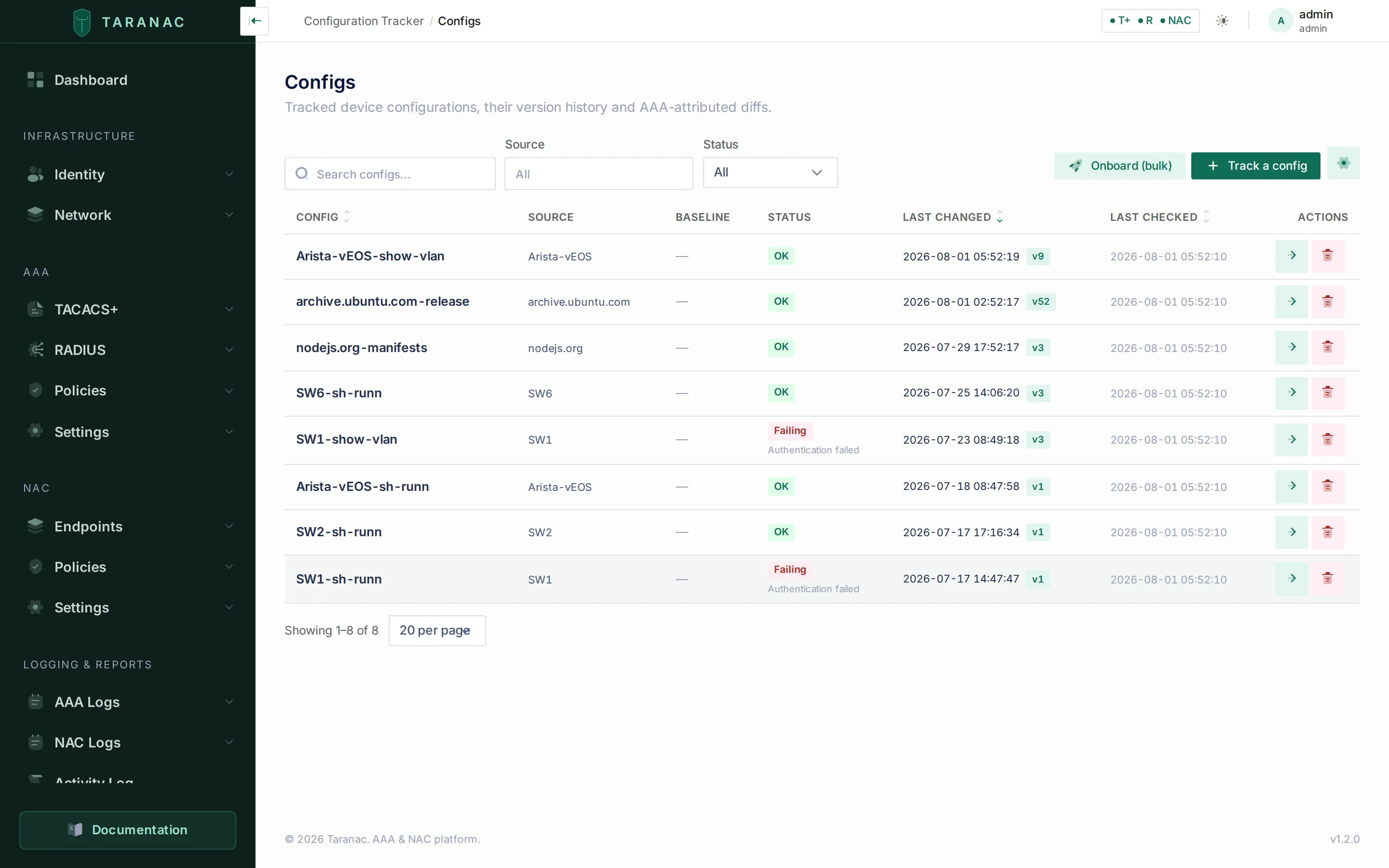 The Configs list in the Taranac admin UI