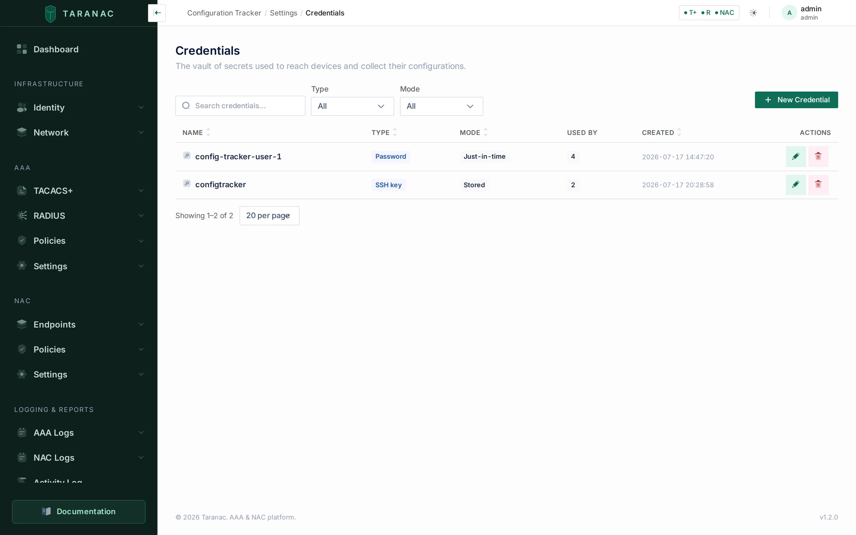 The Credentials list in the Taranac admin UI