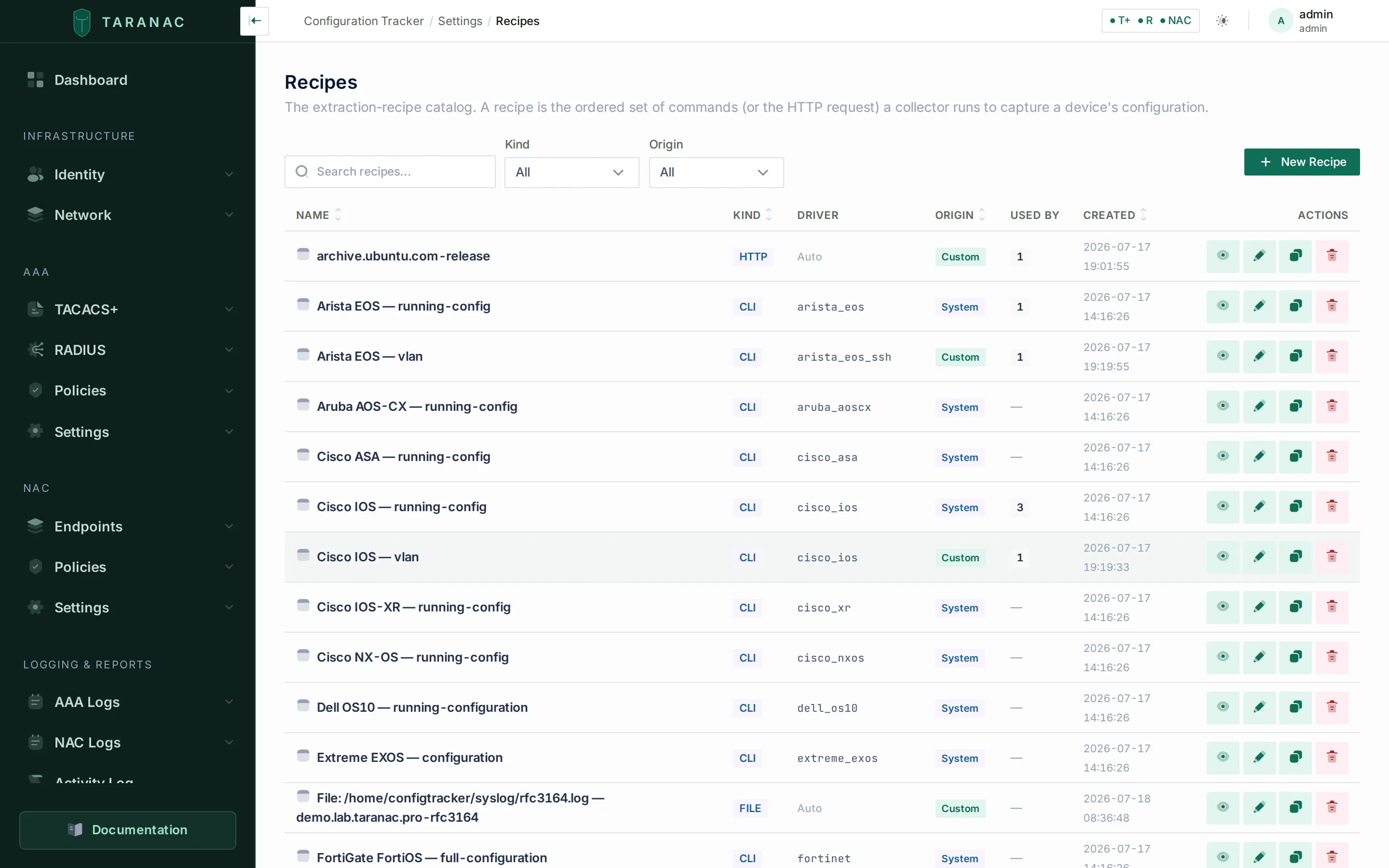 The Recipes list in the Taranac admin UI