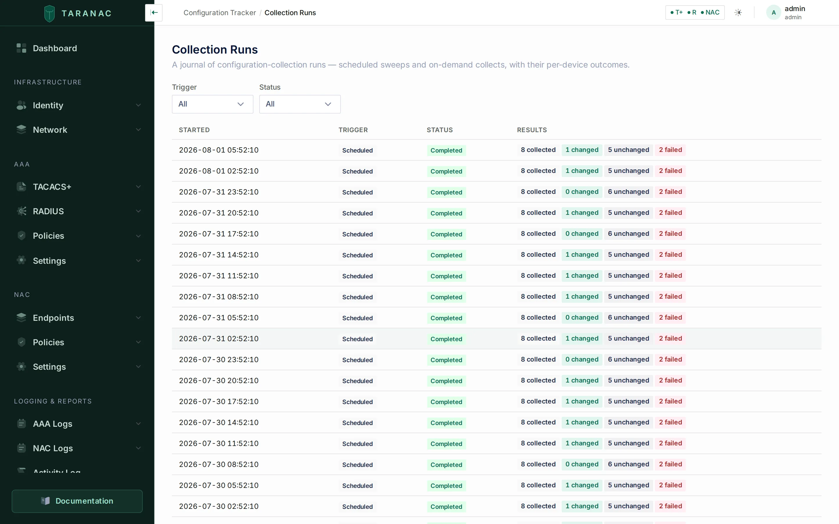 The Collection Runs journal in the Taranac admin UI