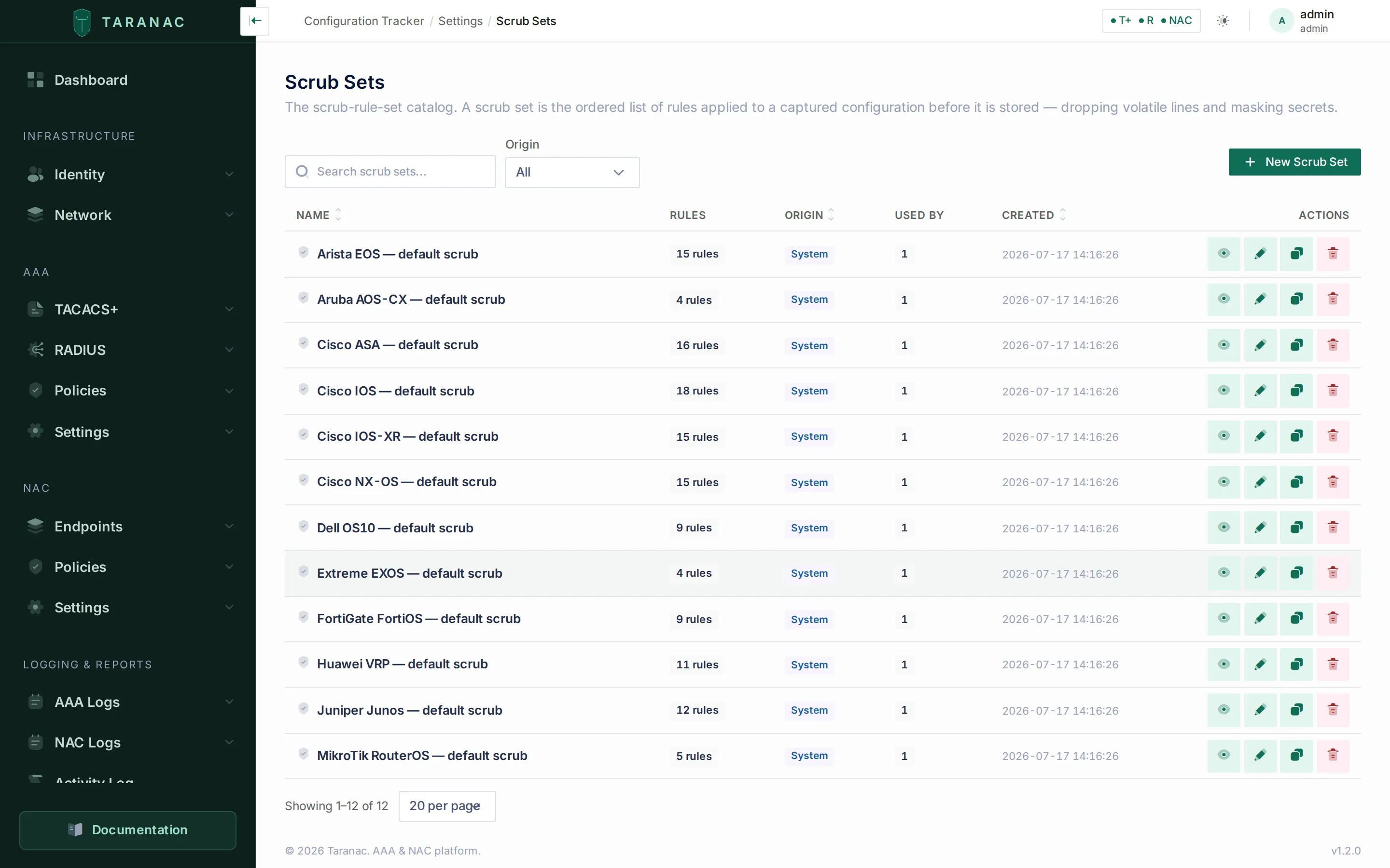 The Scrub Sets list in the Taranac admin UI