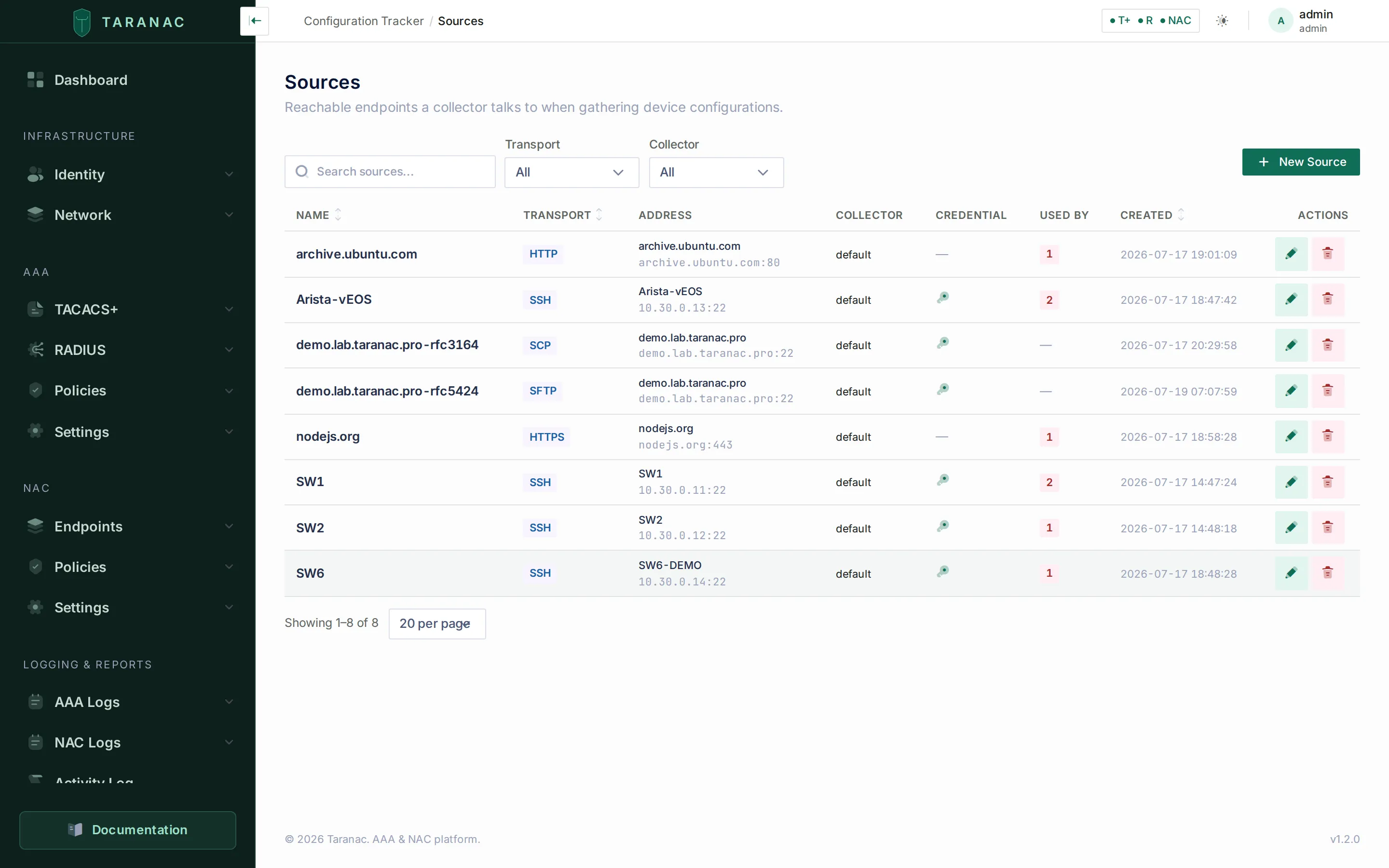 The Sources list in the Taranac admin UI