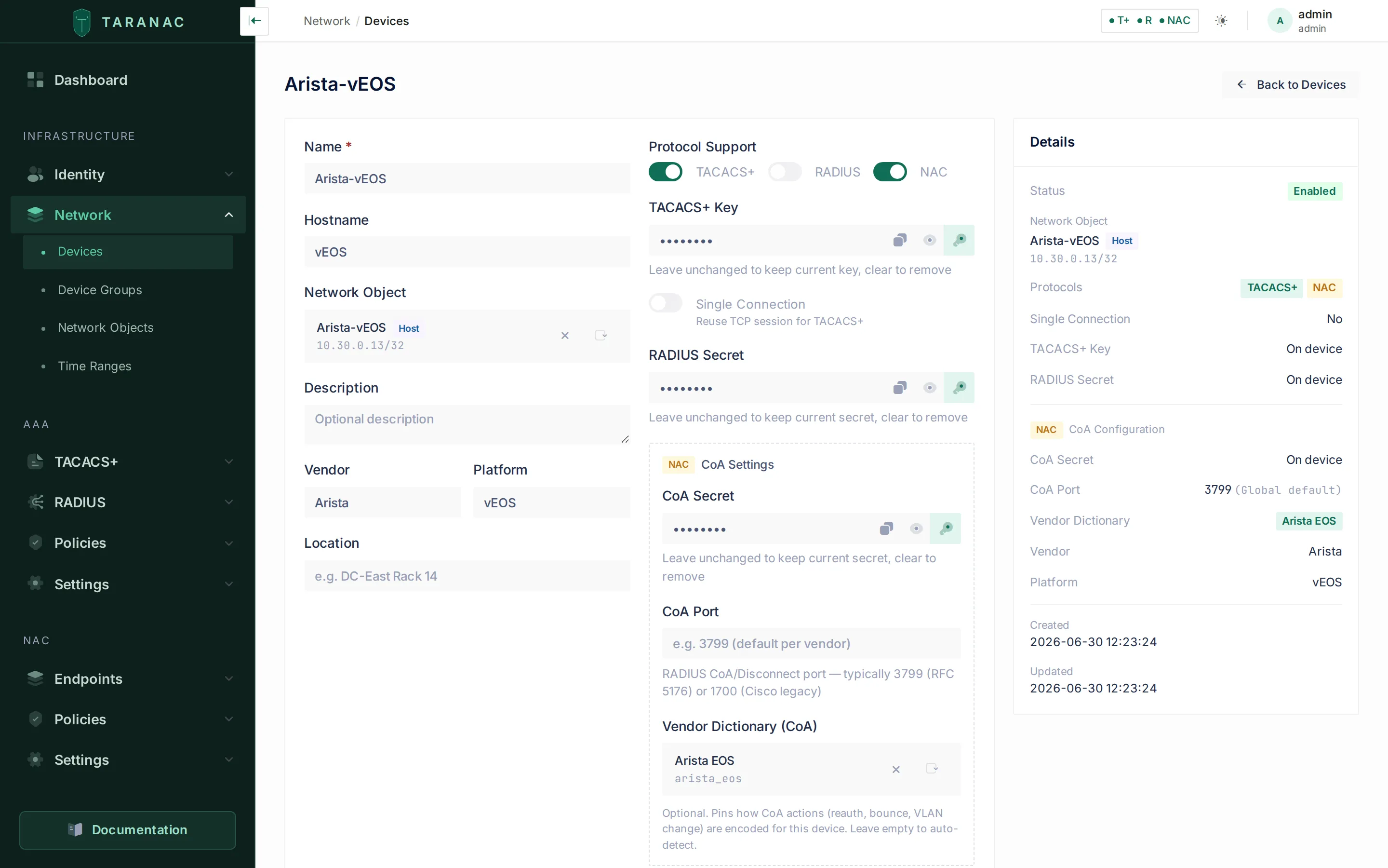 Device edit form: protocol toggles with NAC on, the RADIUS secret, and the NAC CoA settings