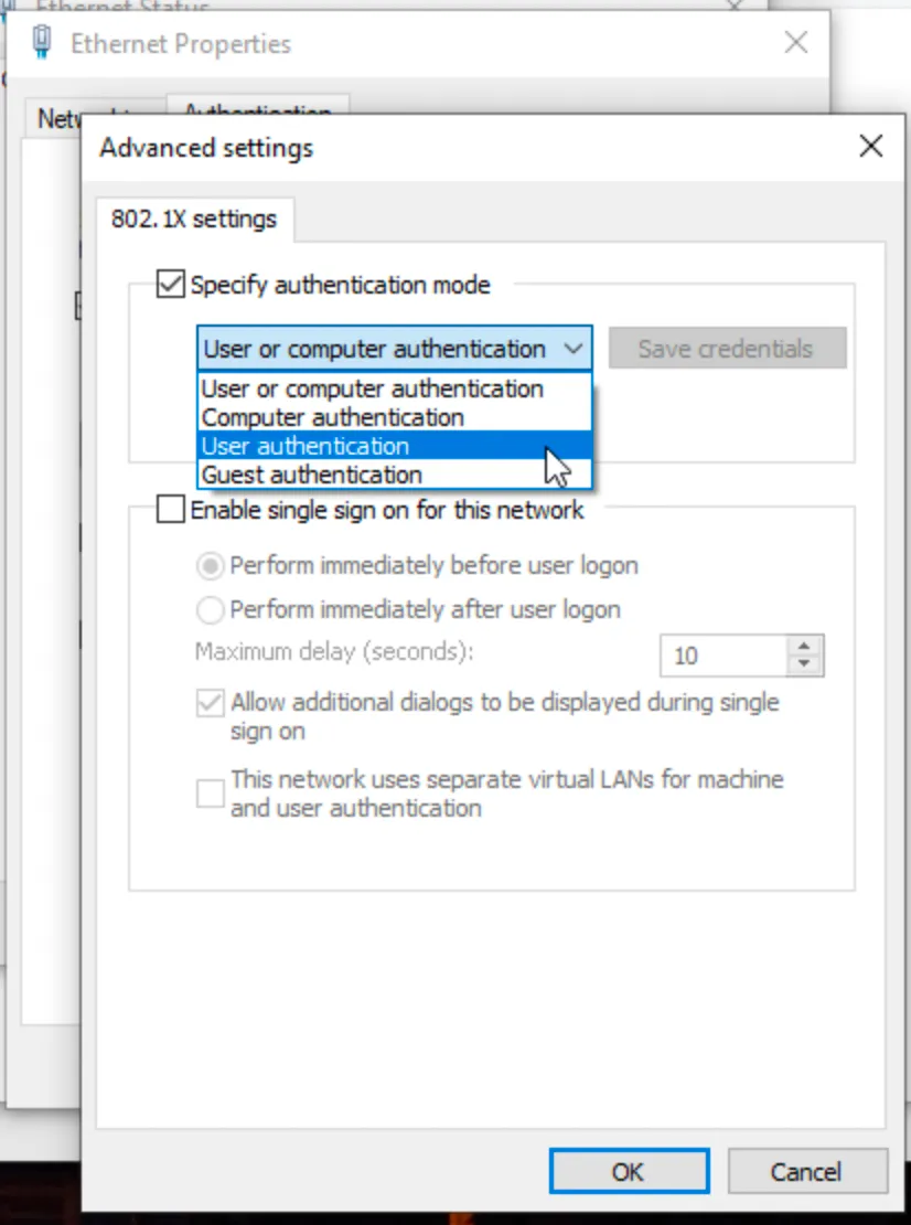 Advanced settings, 802.1X settings tab with the authentication mode list open
