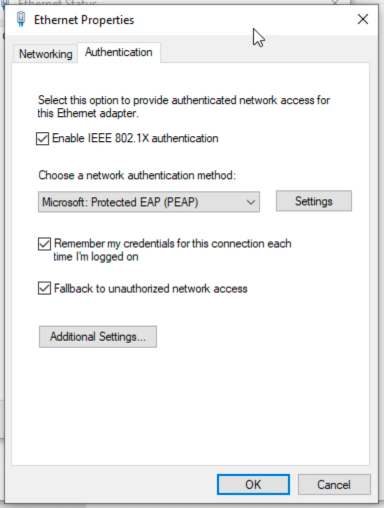 Ethernet Properties, Authentication tab: 802.1X enabled with Protected EAP selected