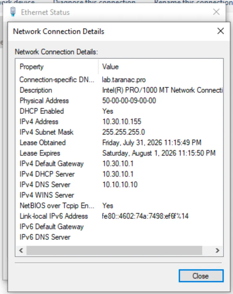 Windows Network Connection Details showing an address leased in the assigned VLAN