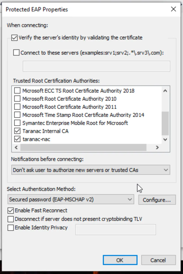 Protected EAP Properties configured with certificate validation on and the issuing CA trusted