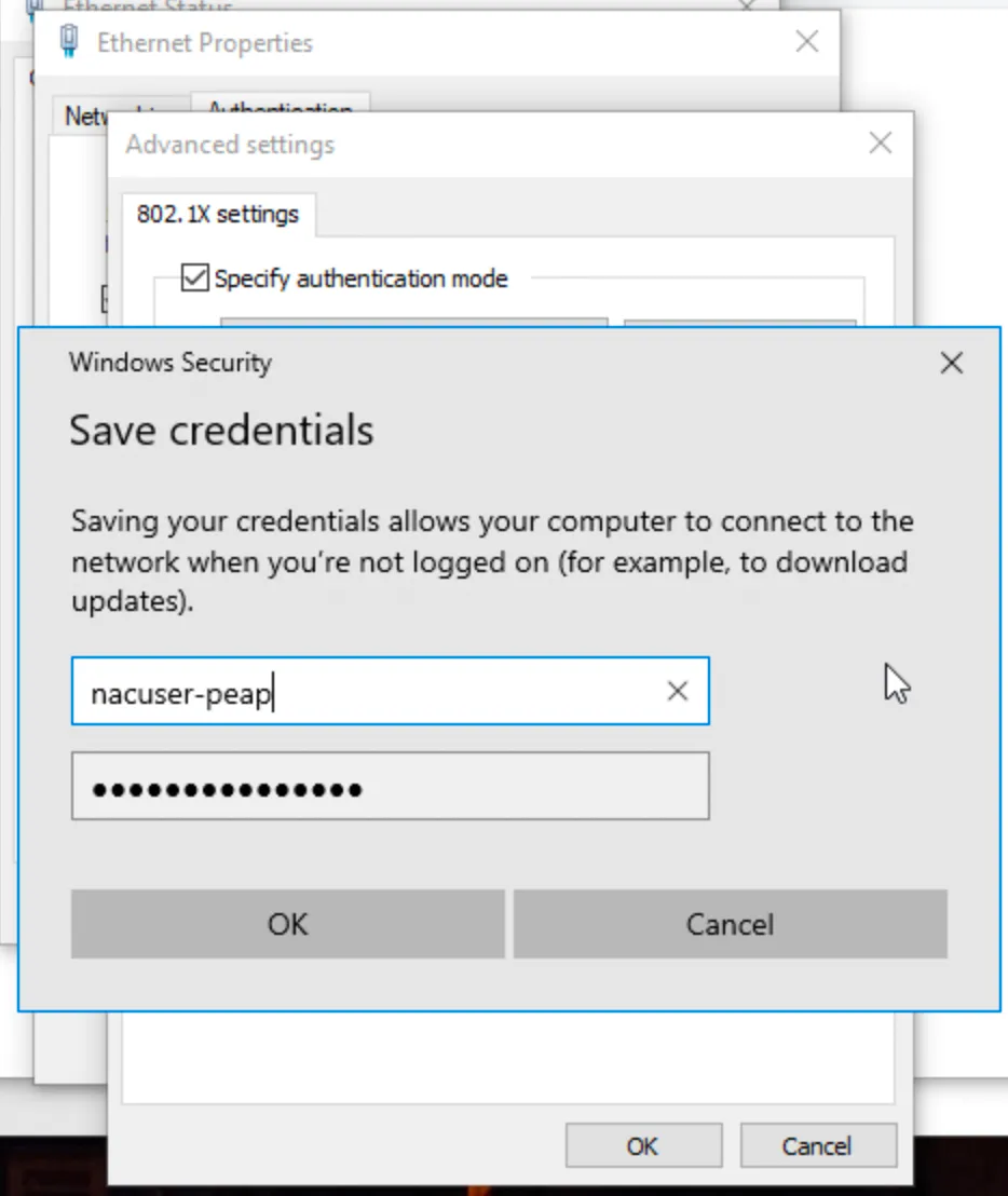 Save credentials dialog with the 802.1X username and password