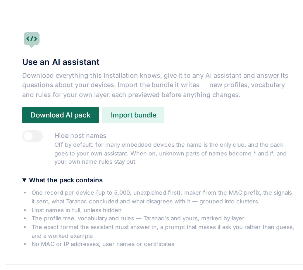 The Use an AI assistant card: Download AI pack and Import bundle, the Hide host names switch, and What the pack contains expanded