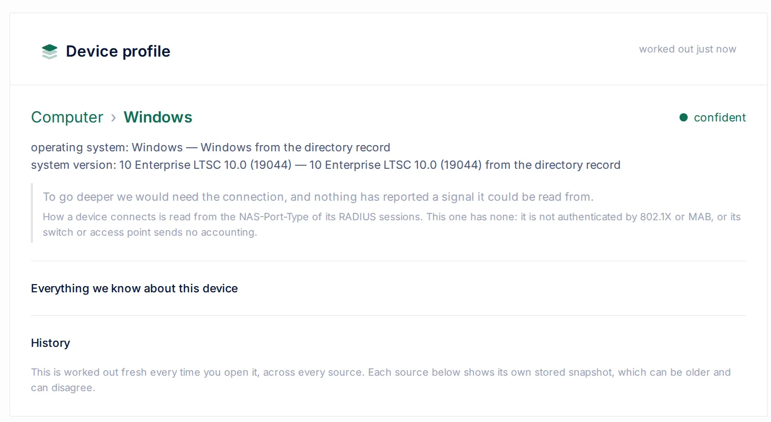The Device profile card on an endpoint's page: the chain Computer › Windows marked confident, the answer lines for operating system and version with their source, and the sentence saying why the chain stopped