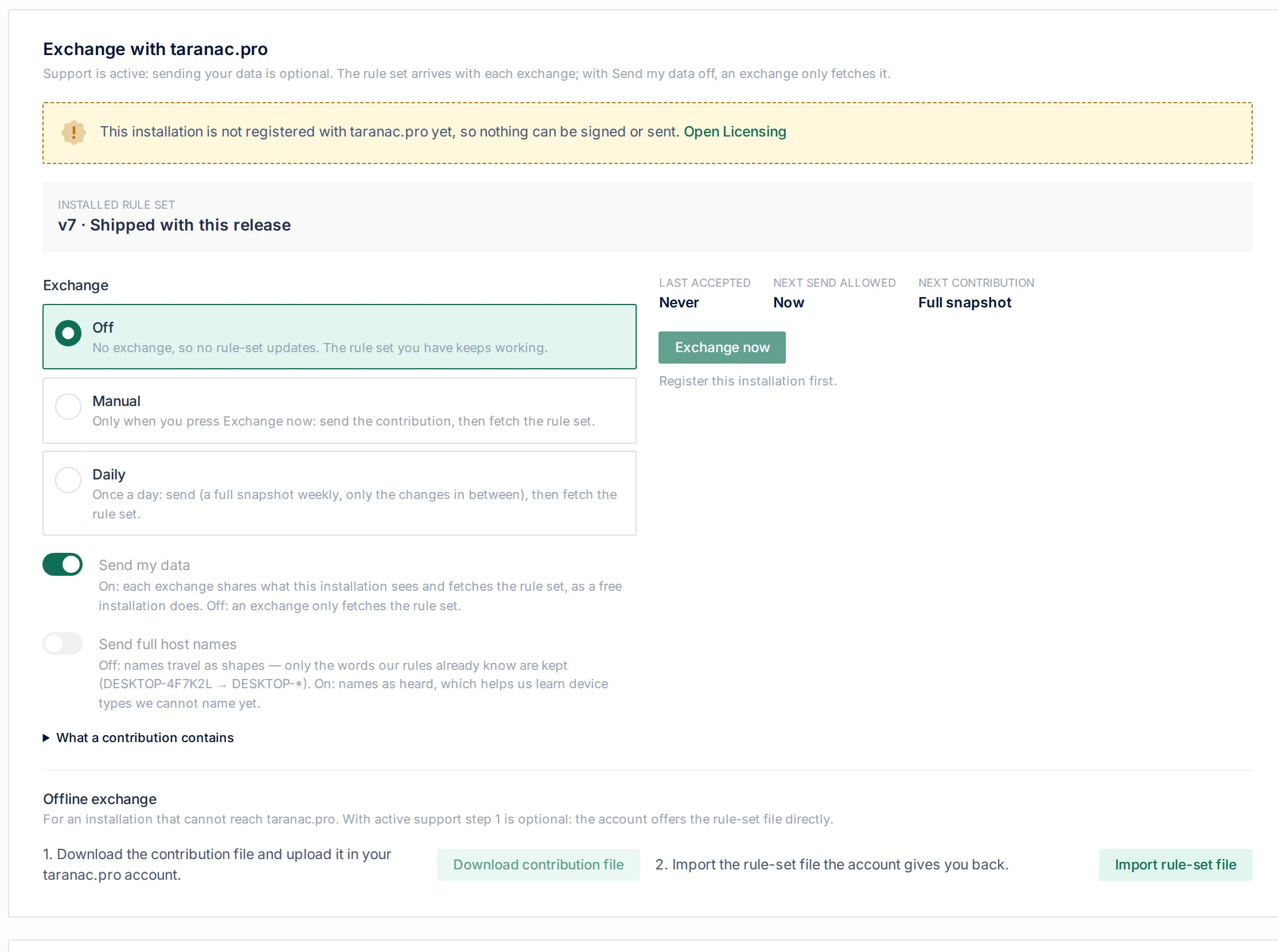 The Exchange with taranac.pro card on the Contribute tab of an installation with active support that is not registered yet: the warning linking to Licensing, the installed rule set v7 shipped with this release, the Off / Manual / Daily choice, Send my data and Send full host names, the Exchange now button, and the Offline exchange section with Download contribution file and Import rule-set file