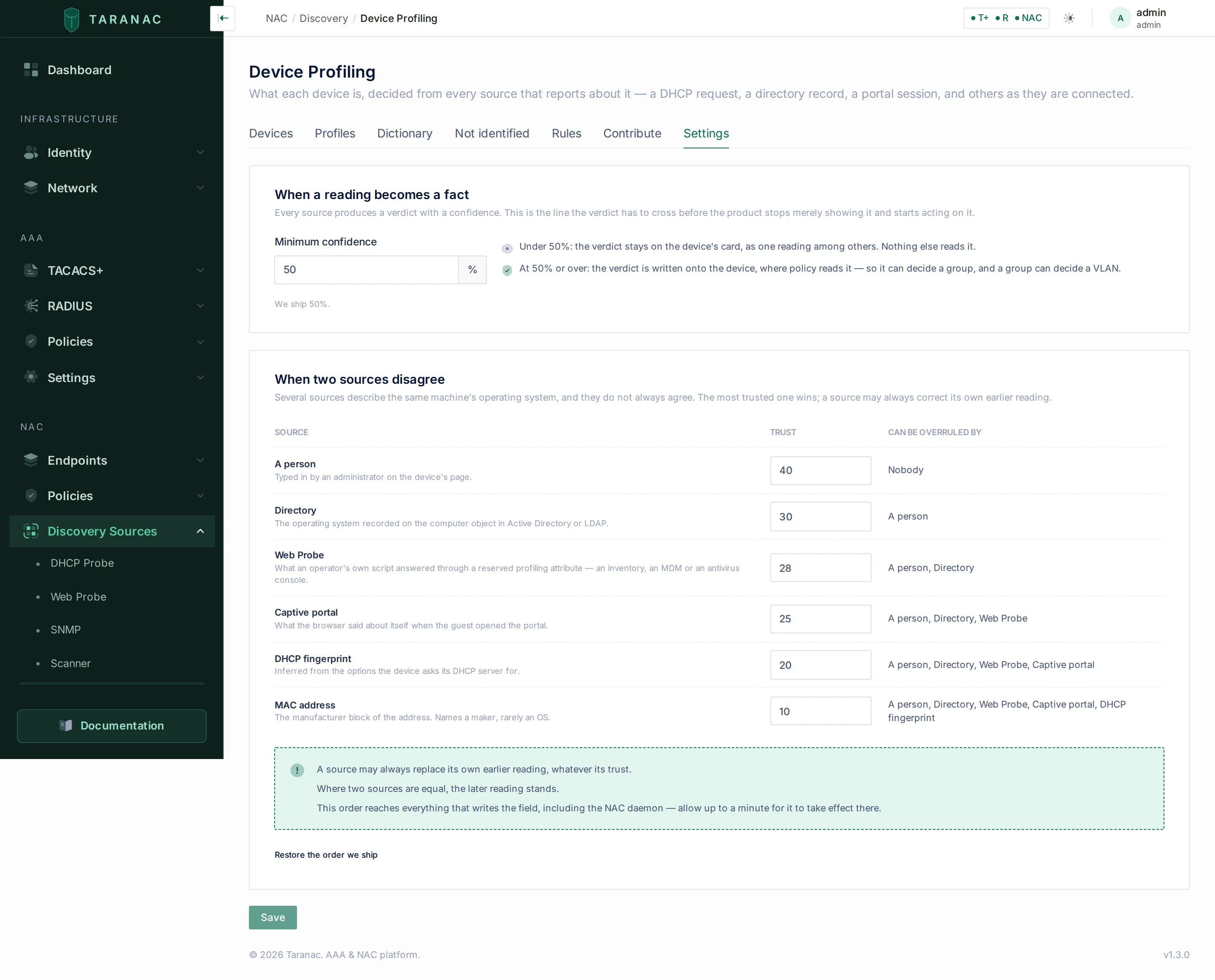 The Settings tab: the minimum confidence at 50%, and the trust table for sources that describe a machine's operating system, with who can overrule whom