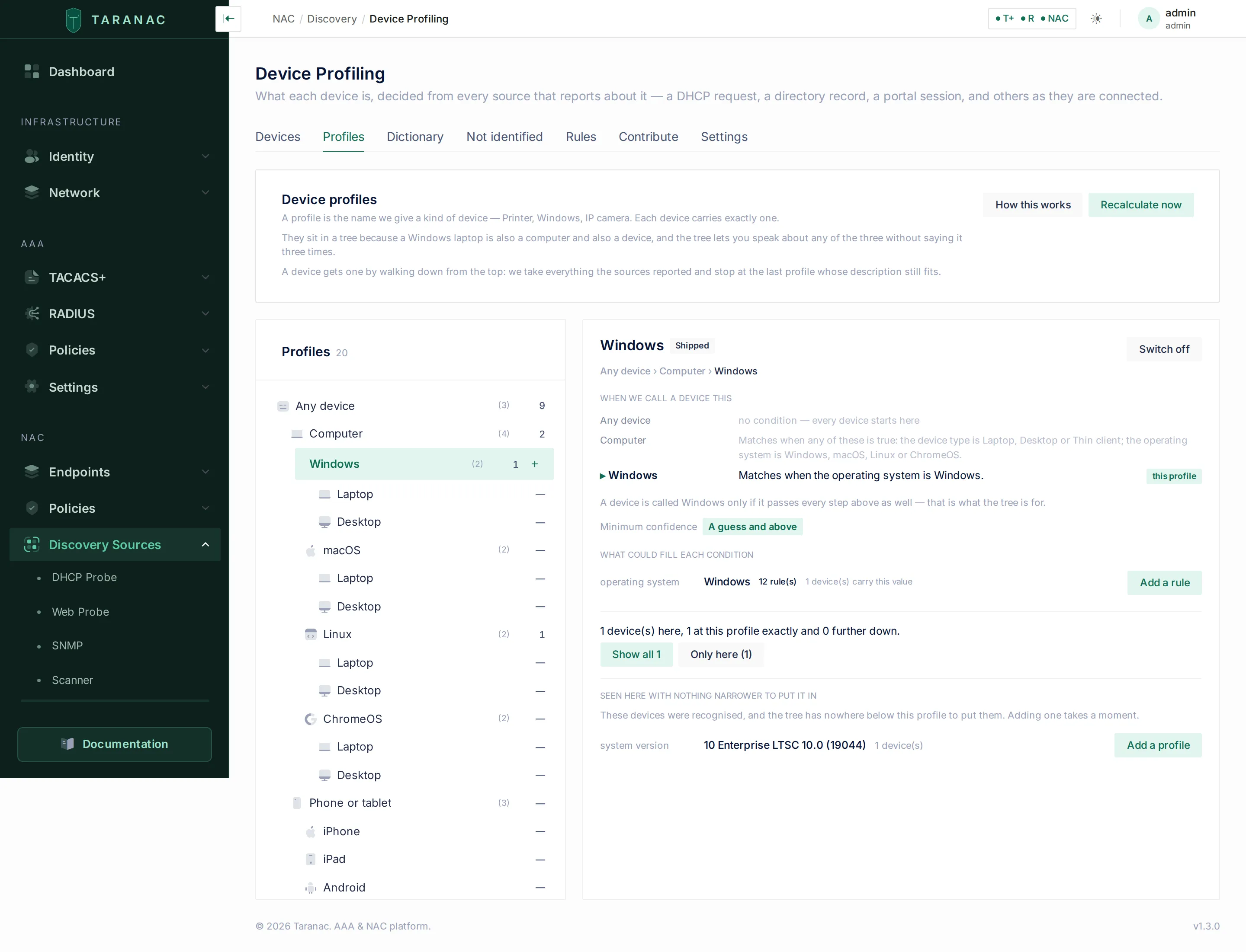 The Profiles tab: the tree on the left with device counts, and the Windows node on the right with its chain of conditions, minimum confidence, how many rules could fill each condition, and the versions seen with nothing narrower to put them in