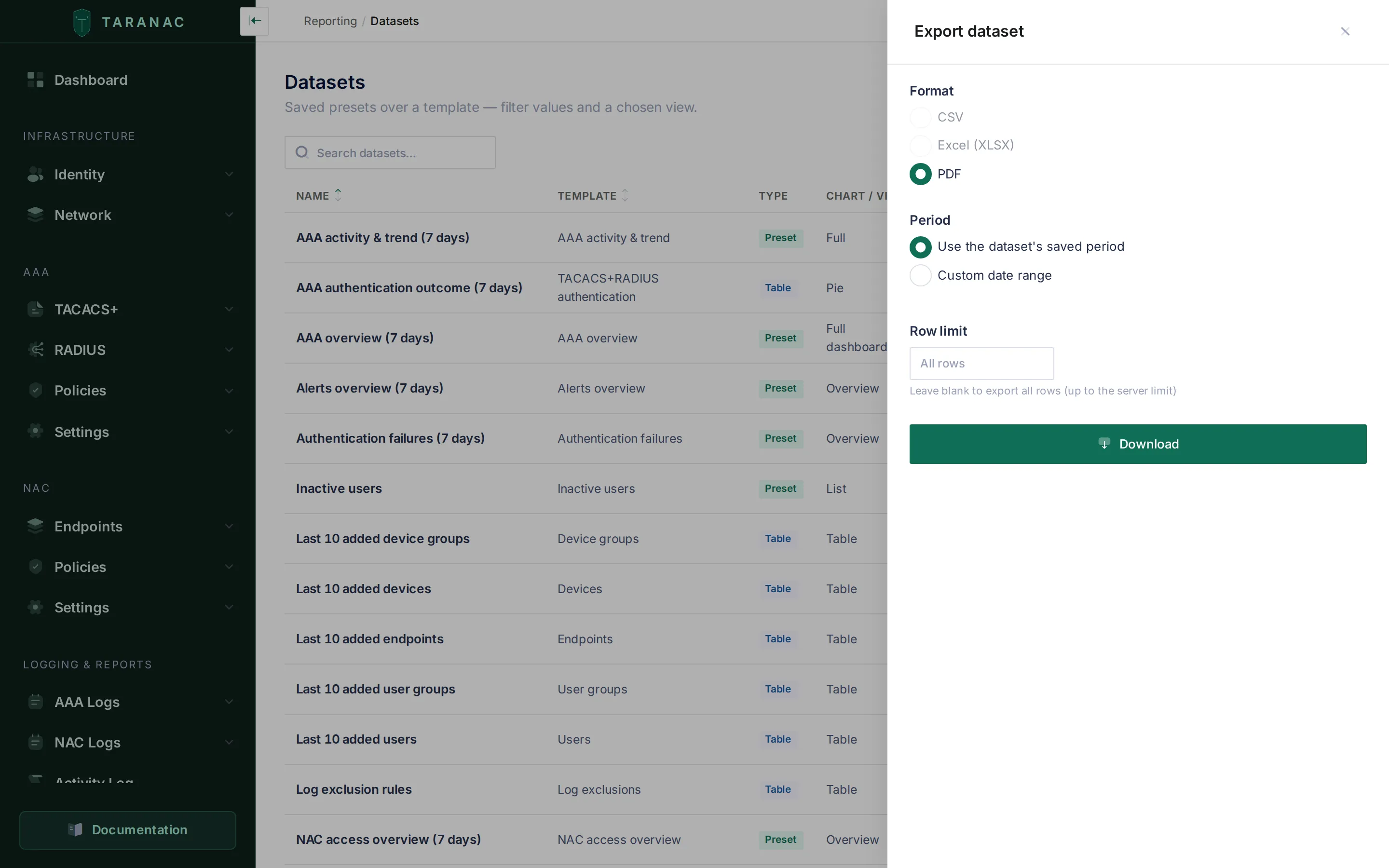 The export dialog
