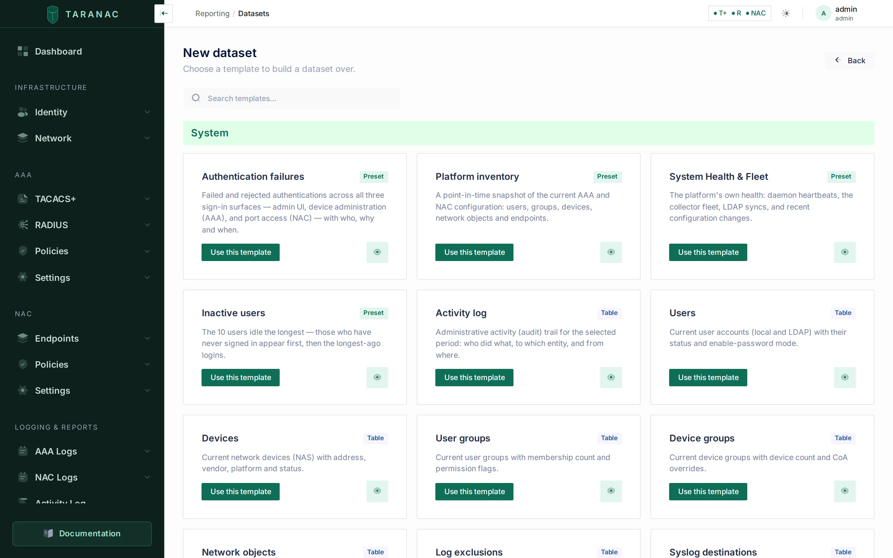 The template catalogue, the first step of the dataset builder