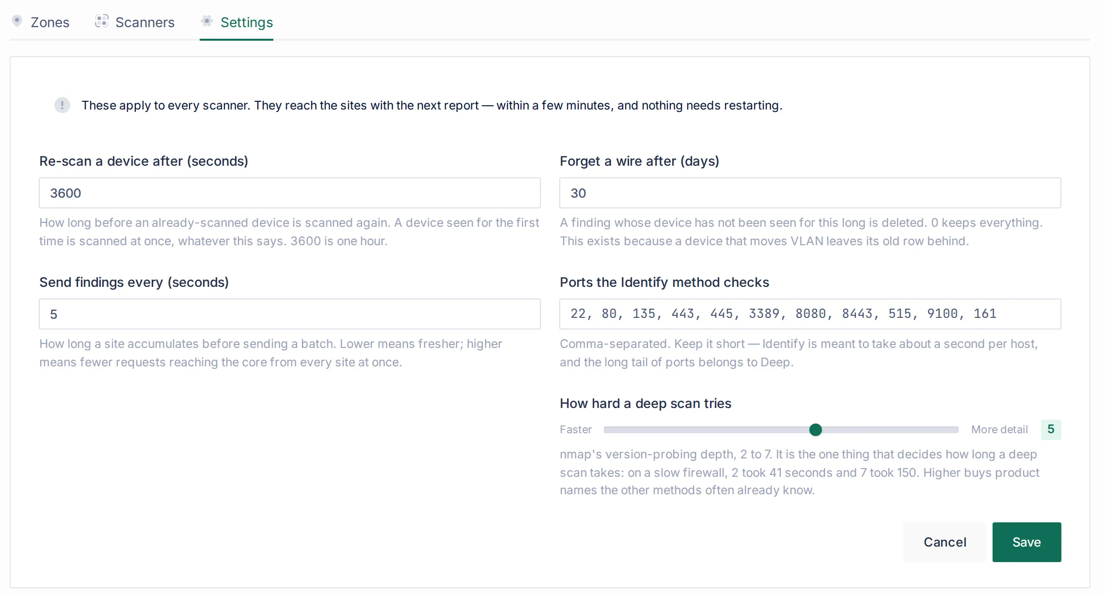 The Scanner Settings tab: Re-scan a device after 3600 seconds, Forget a wire after 30 days, Send findings every 5 seconds, the Identify port list, and the deep scan intensity slider at 5