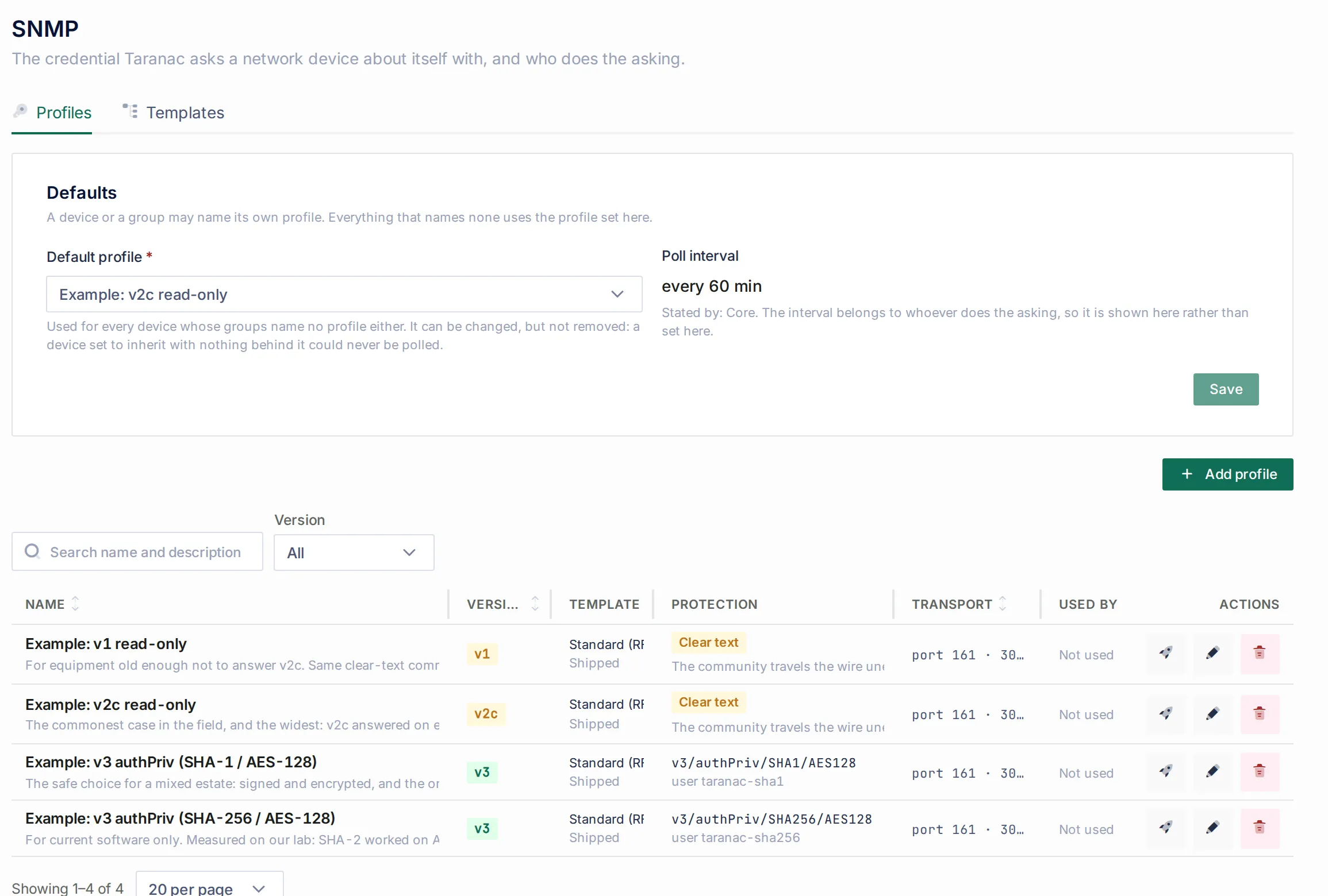 The SNMP Profiles tab: the Defaults card with the default profile Example: v2c read-only and a poll interval of every 60 min stated by the core, and the four example profiles with their version, template, protection and transport