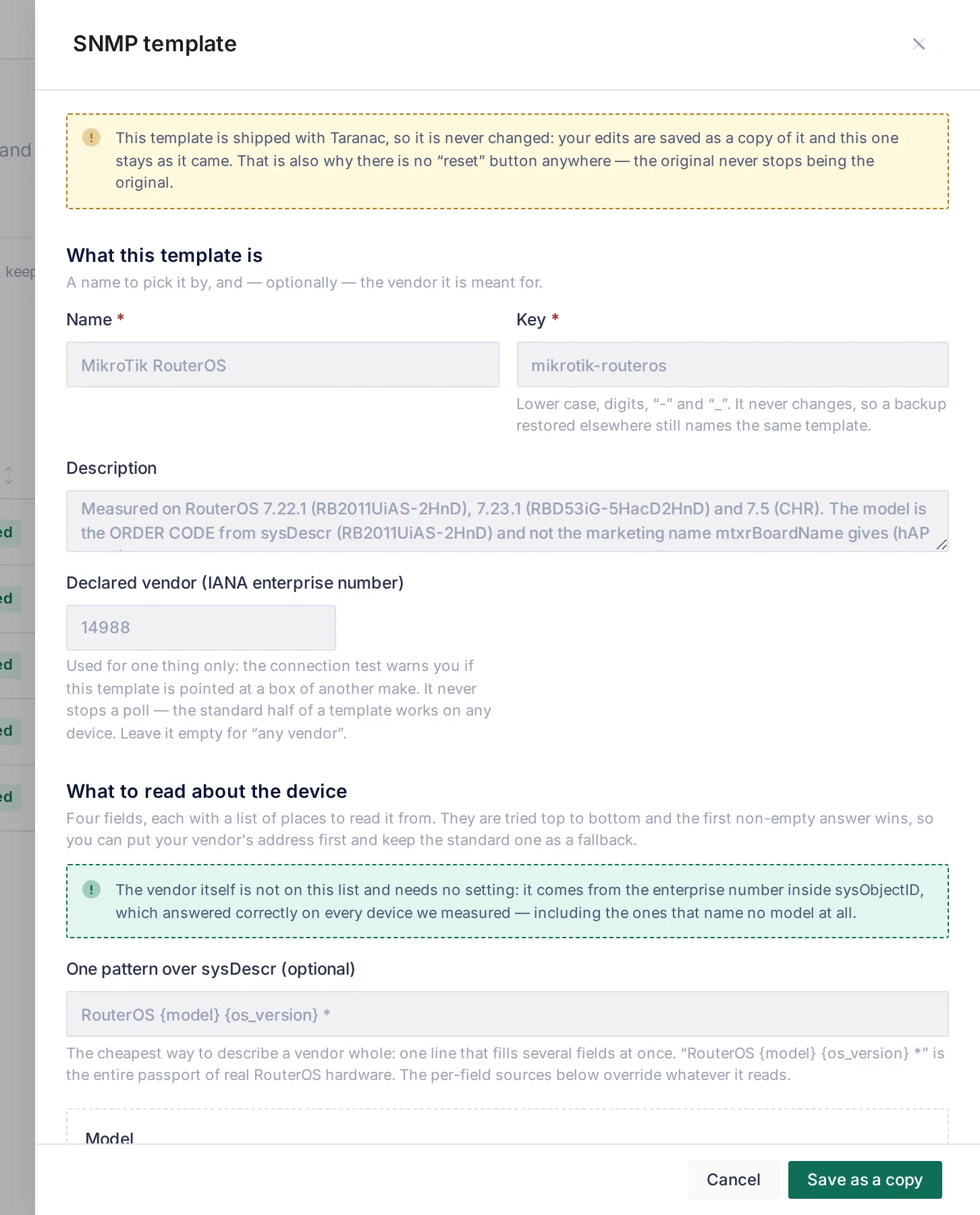 The shipped MikroTik RouterOS template opened read-only: the notice that edits are saved as a copy, name and key, the measured description, declared vendor 14988, and the What to read about the device section