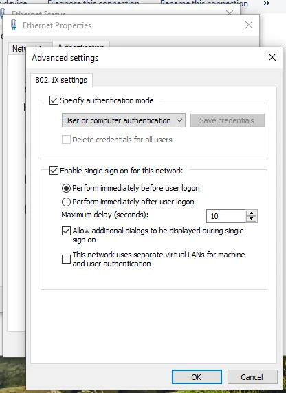 Advanced 802.1X settings with single sign-on enabled before user logon
