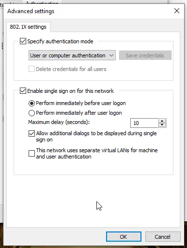 Advanced 802.1X settings with single sign-on enabled
