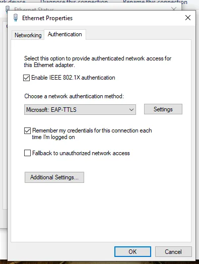 Ethernet Properties with Microsoft: EAP-TTLS selected as the 802.1X method