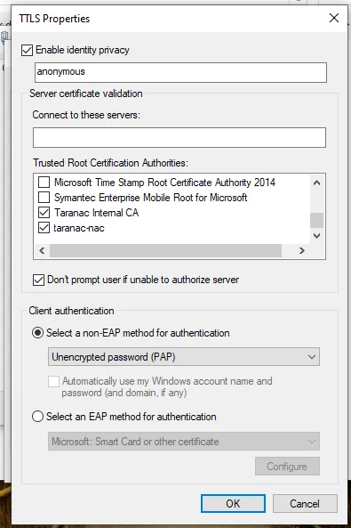 TTLS Properties with identity privacy on, PAP selected, and the Windows-credentials option greyed out