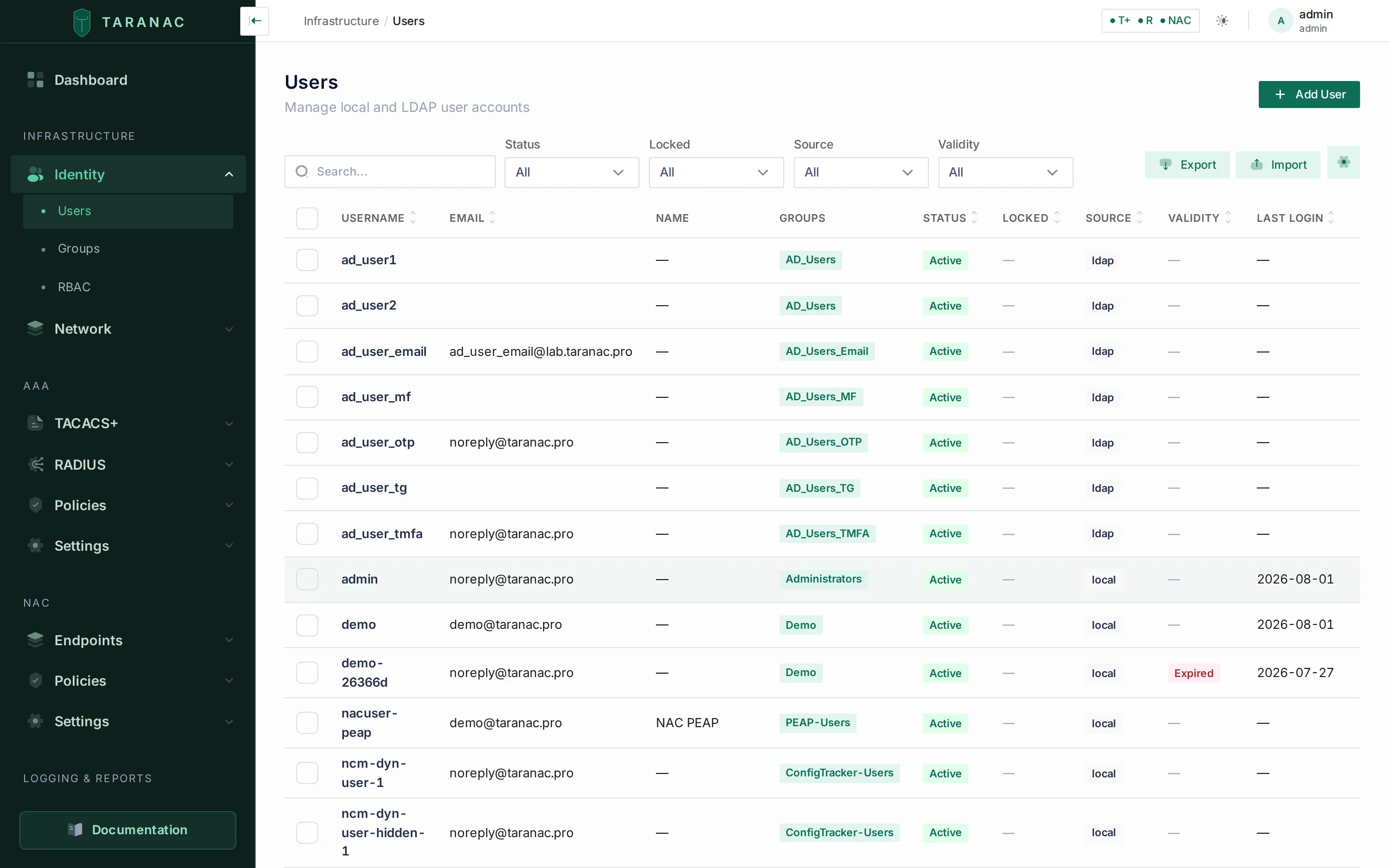 Users list in the Taranac admin UI