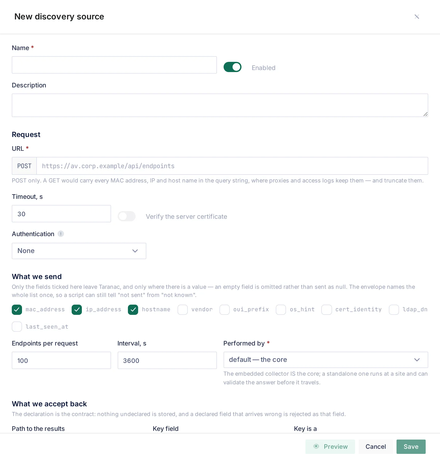 The New discovery source form: Name and Enabled, the Request section with the POST URL, timeout, certificate switch and authentication, What we send with the endpoint fields to tick, Endpoints per request, Interval and Performed by